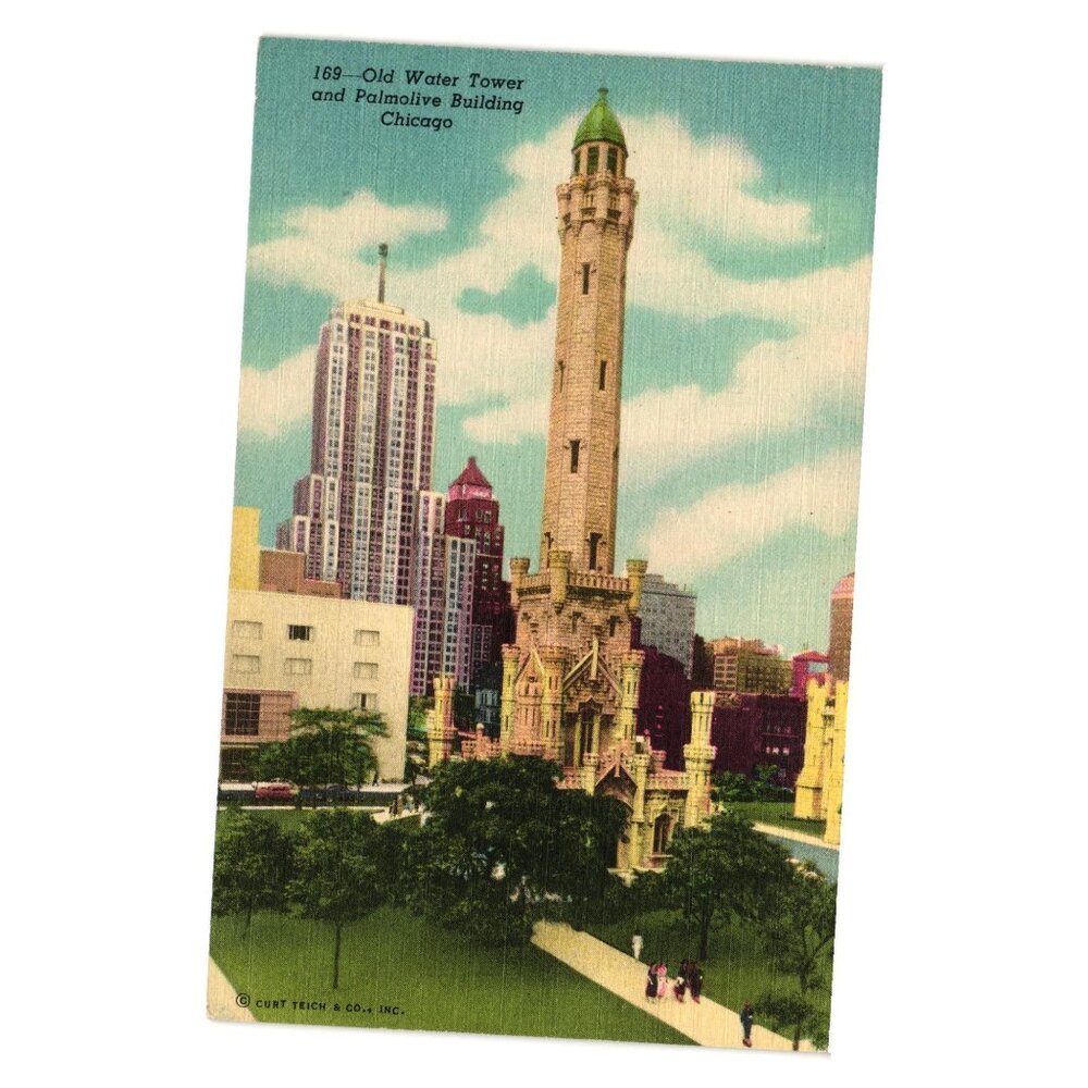 Old Water Tower Palmolive Building Chicago Vintage Postcard Curt Teich Genuine
